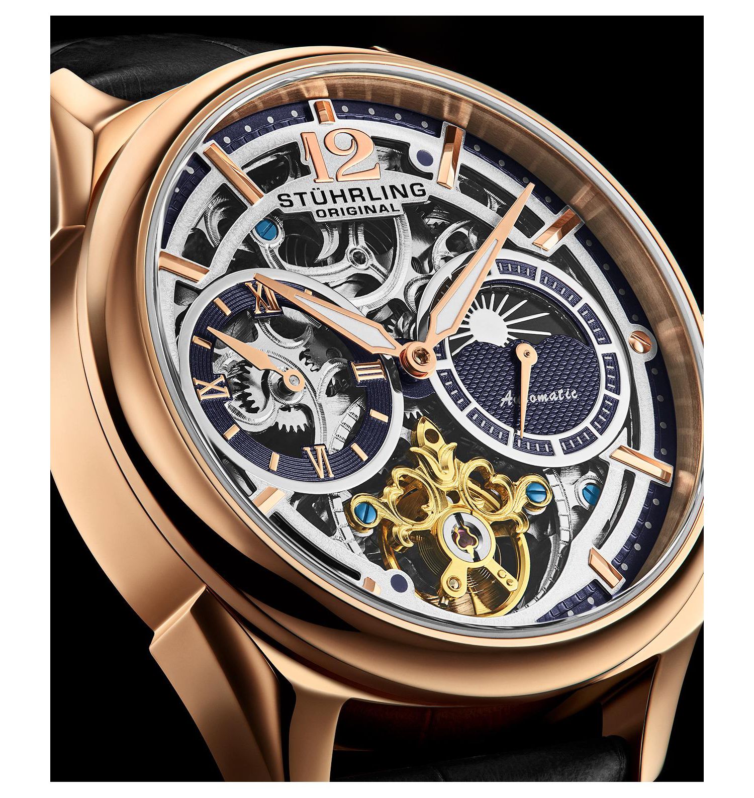 Vanguard 1019.04 Legacy Collection Dual Time Automatic Skeleton Watch 42mm Rose Gold Tone Black Dial Leather Strap