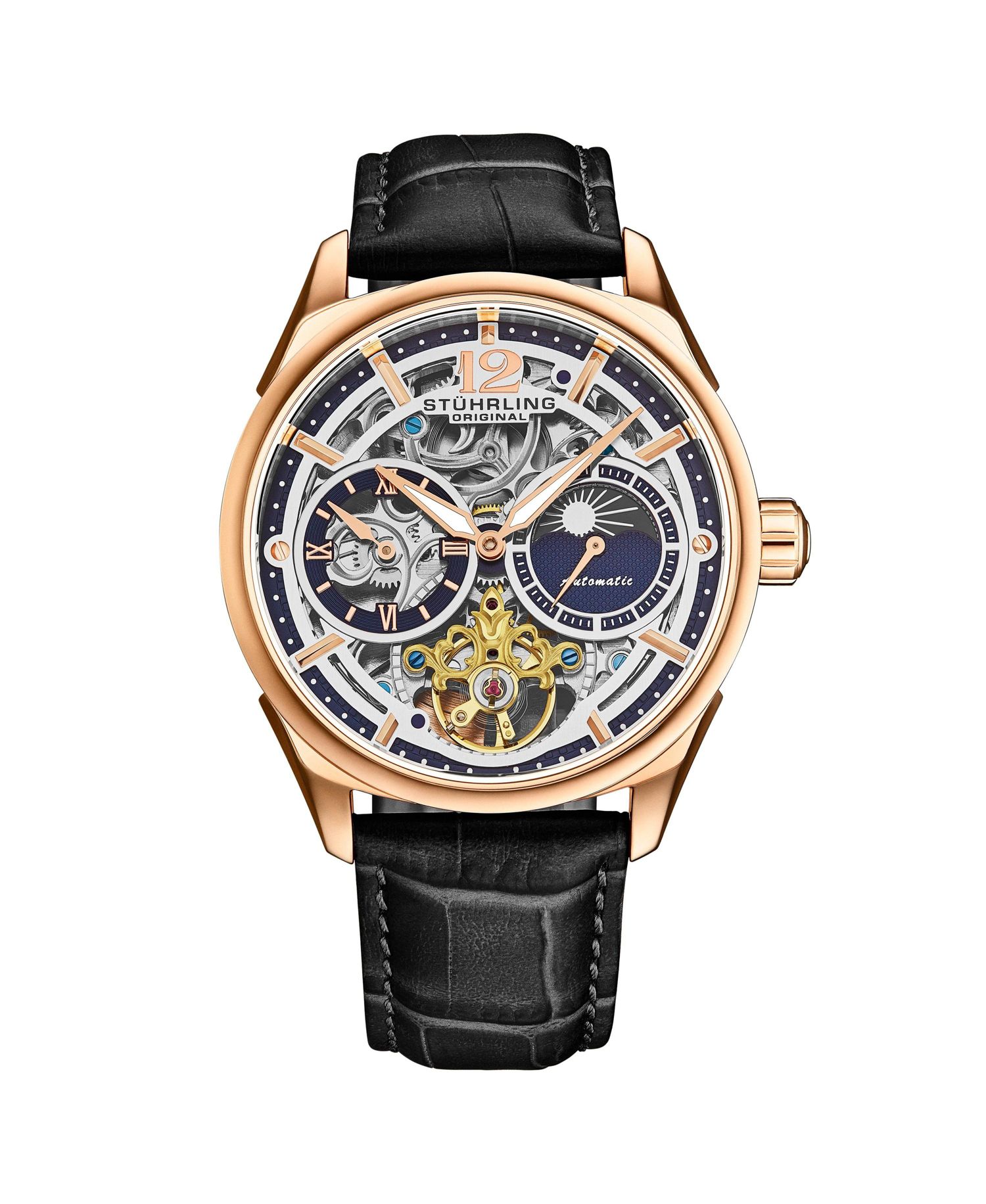 Vanguard 1019.04 Legacy Collection Dual Time Automatic Skeleton Watch 42mm Rose Gold Tone Black Dial Leather Strap