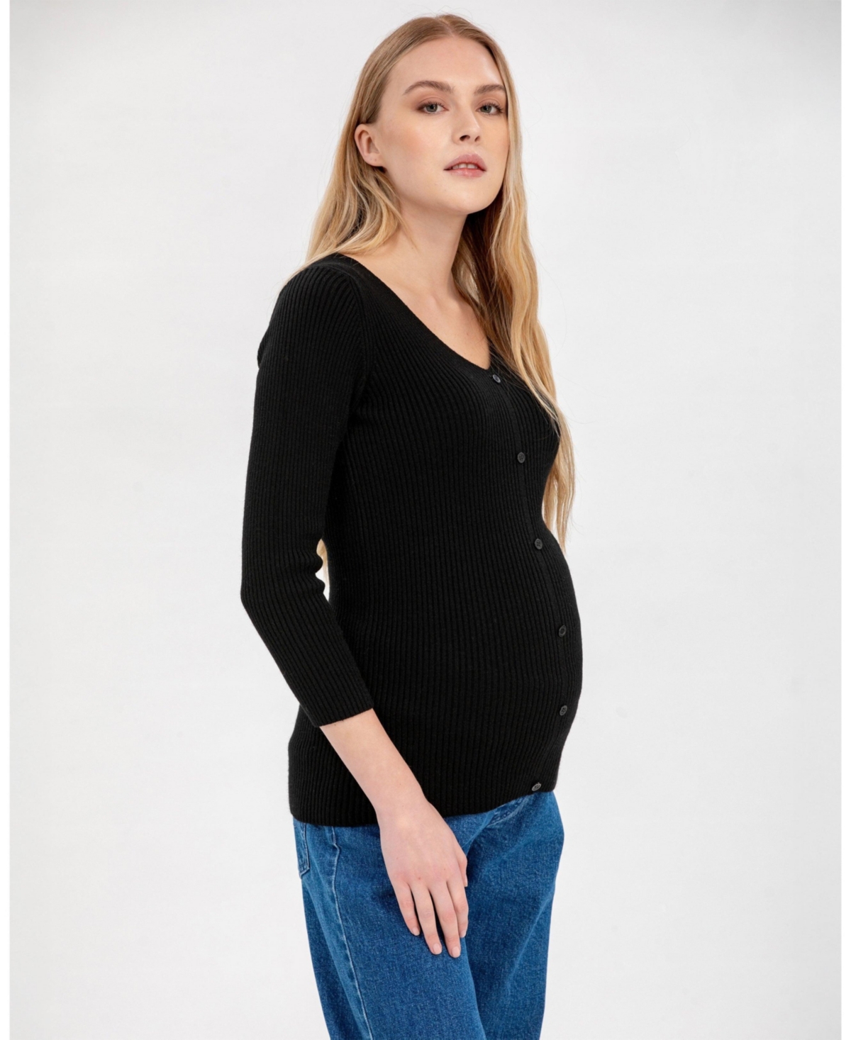 Pietro Brunelli Maternity Ribbed Bella Sweater with Button Detail V-Neck 3/4 Sleeve