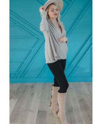 Maternity Beige Knit Draped Wrap V-Neck Nursing Top