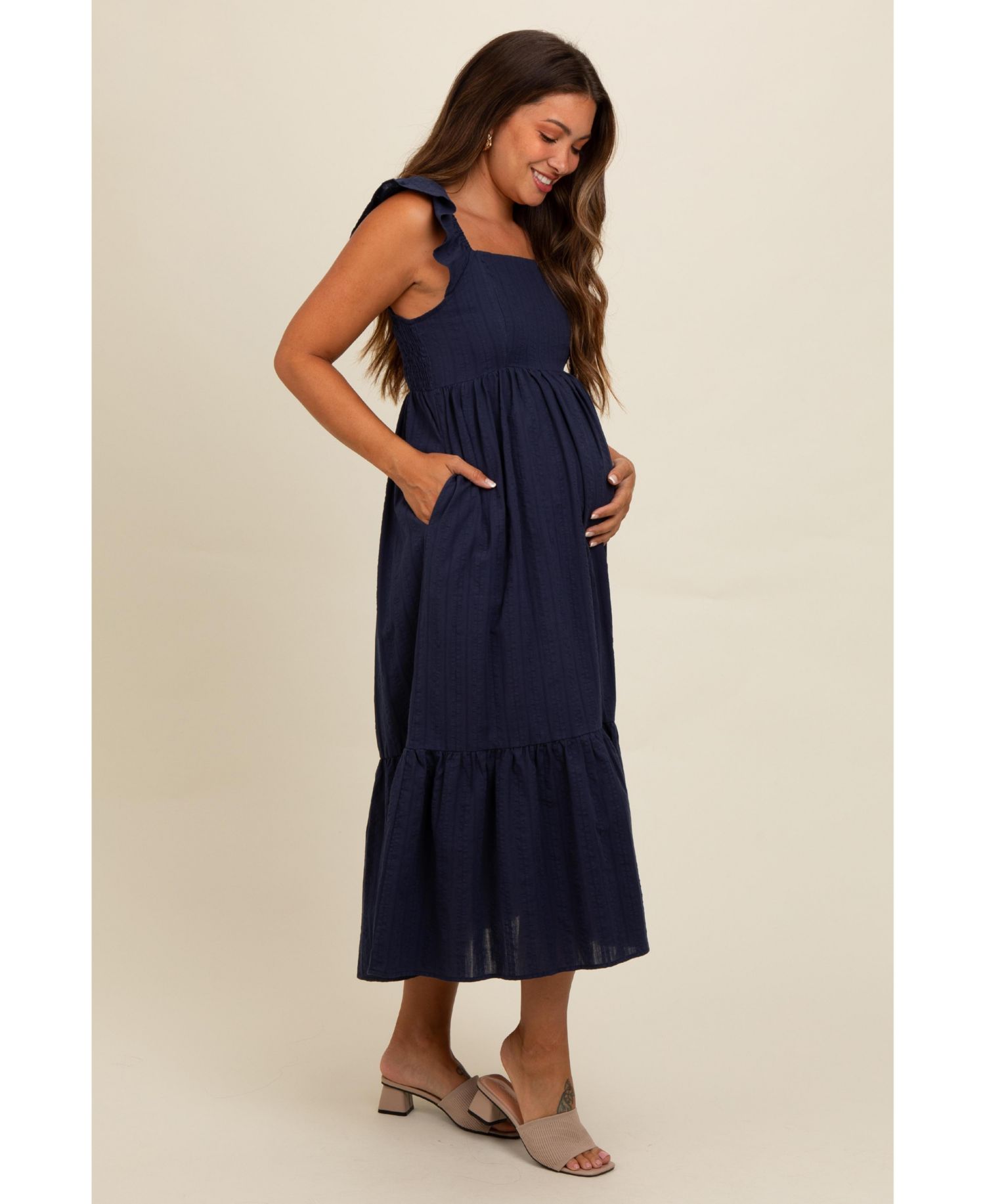 Women's Navy Blue Textured Cotton Ruffle Strap Midi Dress