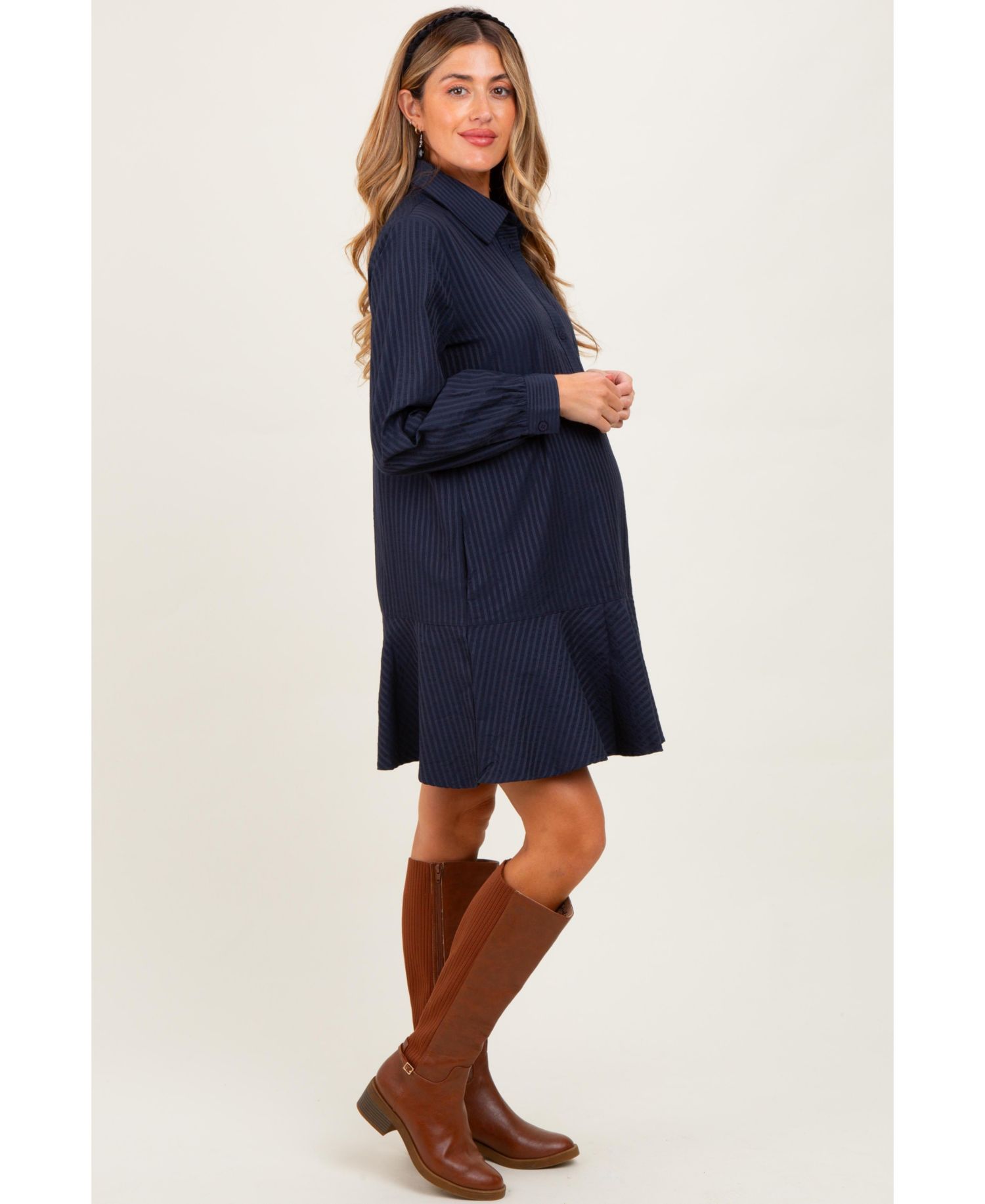 Women's Camel Striped Long Sleeve Drop Waist Polo Dress