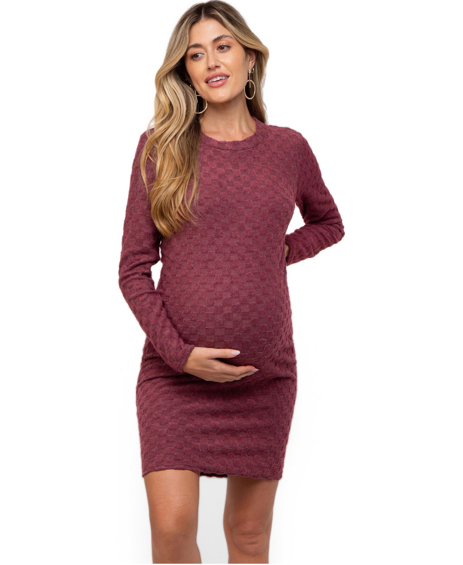 Women's Burgundy Soft Brushed Knit Long Sleeve Dress