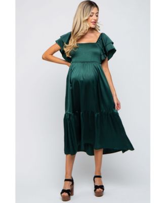 Maternity Forest Green Satin Flutter Sleeve Midi Dress
