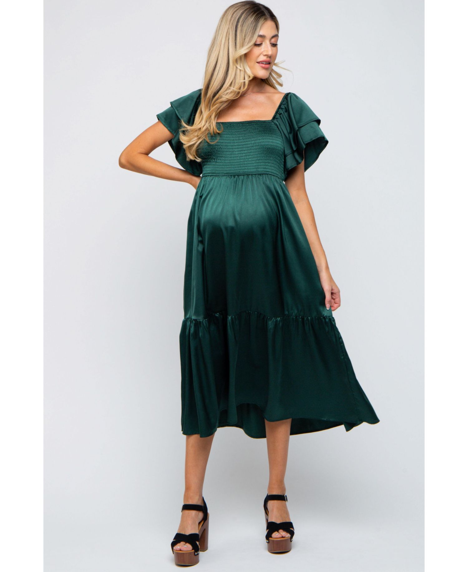 Women's Navy Satin Flutter Sleeve Midi Dress