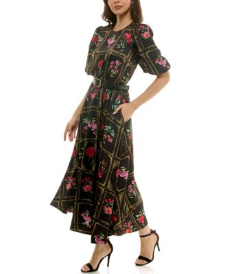 Women's Belted Puff Sleeve Midi Dress