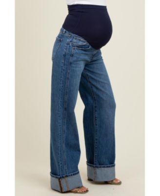 Maternity Navy Blue Cuffed Hem Baggy Wide Leg Jeans