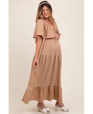 Maternity Taupe Woven Textured Flutter Sleeve V-Neck Tiered Maxi Dress