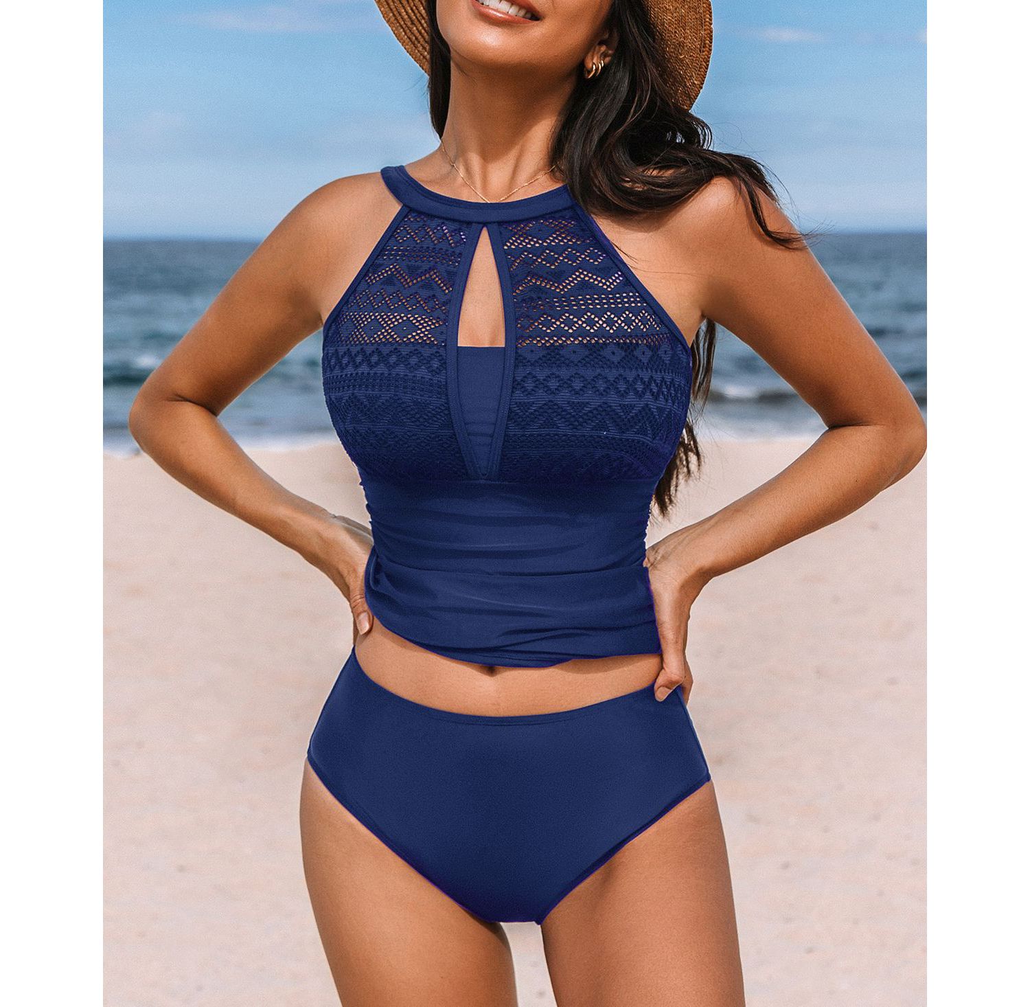 Women's High Neck Mesh Cutouts Adjustable Straps Tankini Sets