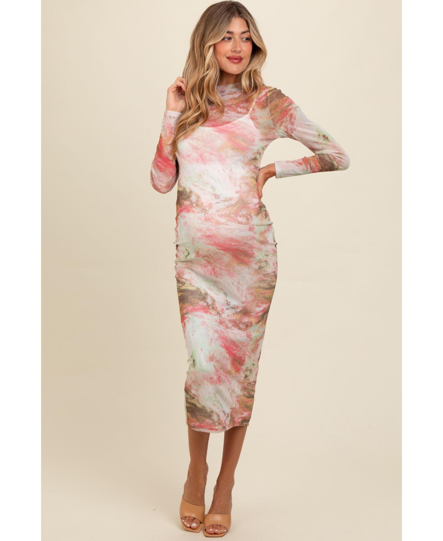 Women's Pink Abstract Printed Mesh Overlay Maxi Dress