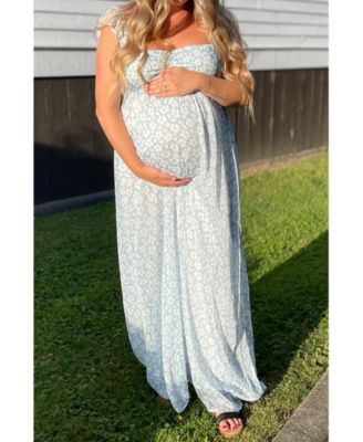 Maternity Light Blue Floral Chiffon Sweetheart Neck Off Shoulder Maxi Dress