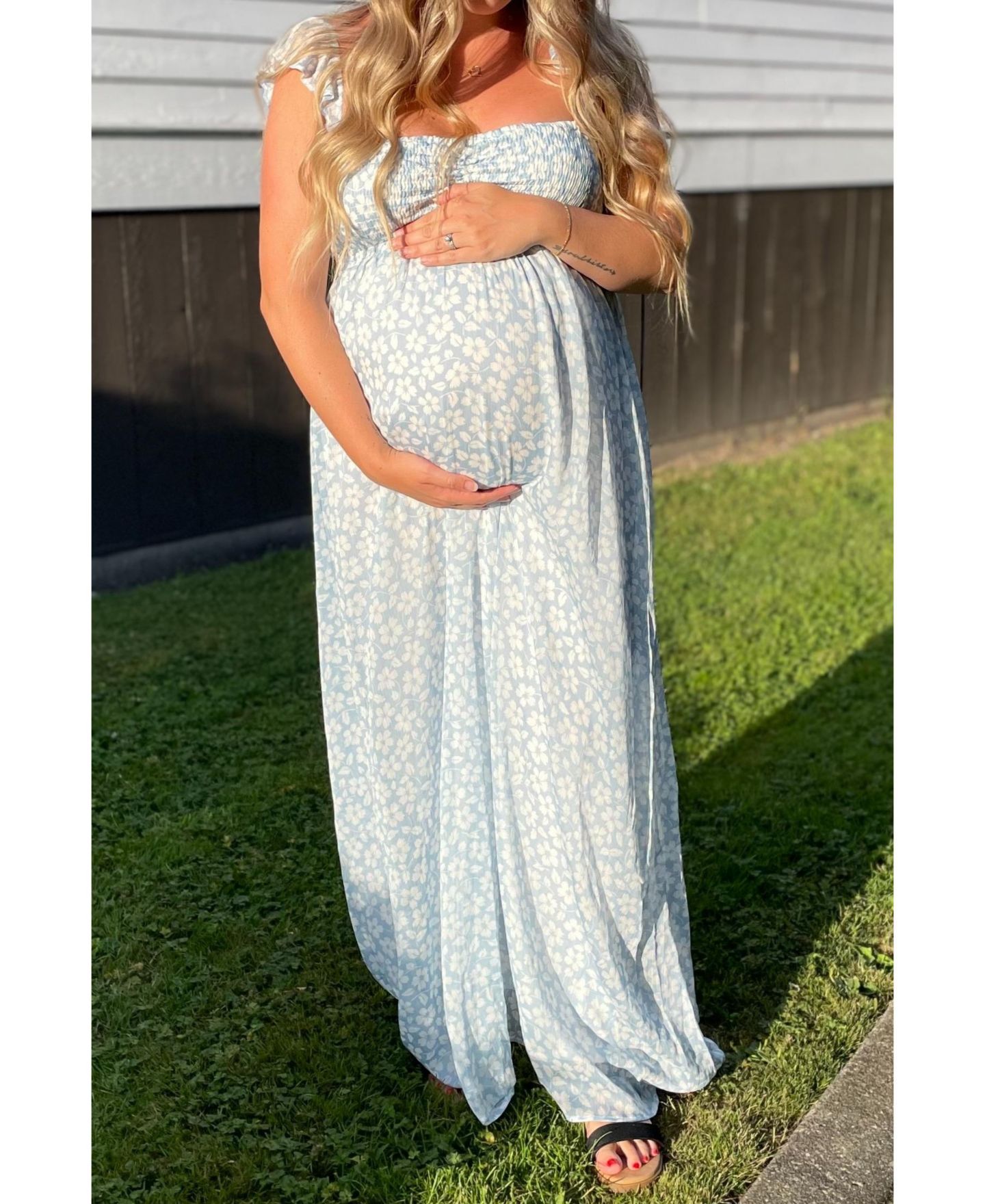 Женское платье Pinkblush Light Blue Floral Chiffon Sweetheart Neck Off Shoulder Maxi, цвет: Светлый синий — фото 2