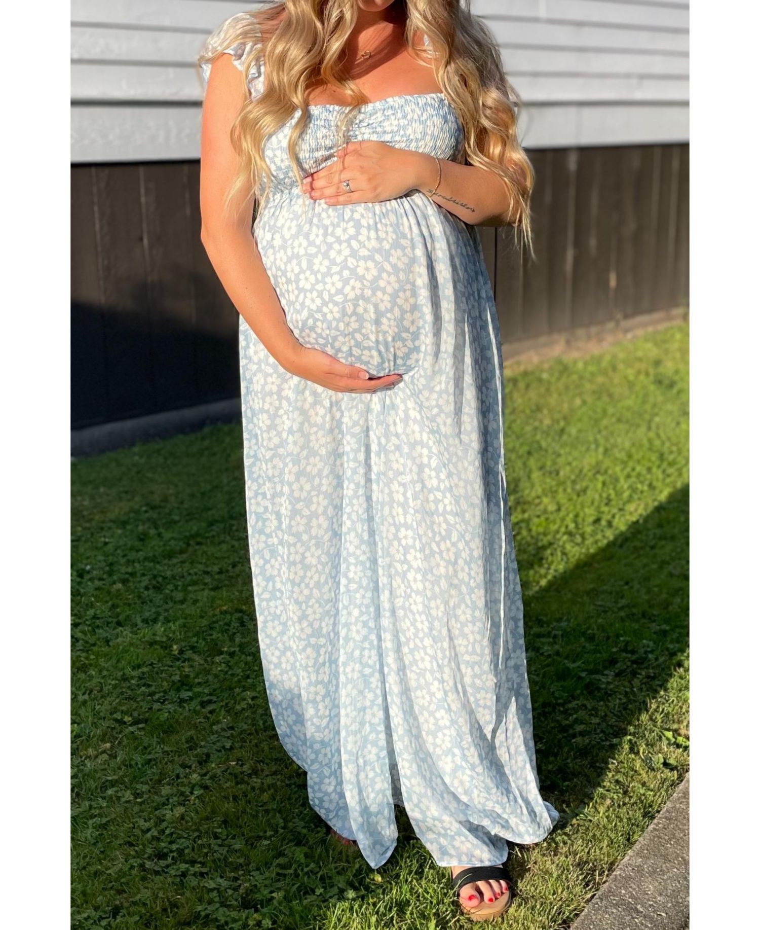 Women's Light Blue Floral Chiffon Sweetheart Neck Off Shoulder Maxi Dress