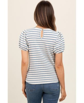 Maternity Light Blue Striped Textured Puff Sleeve Top