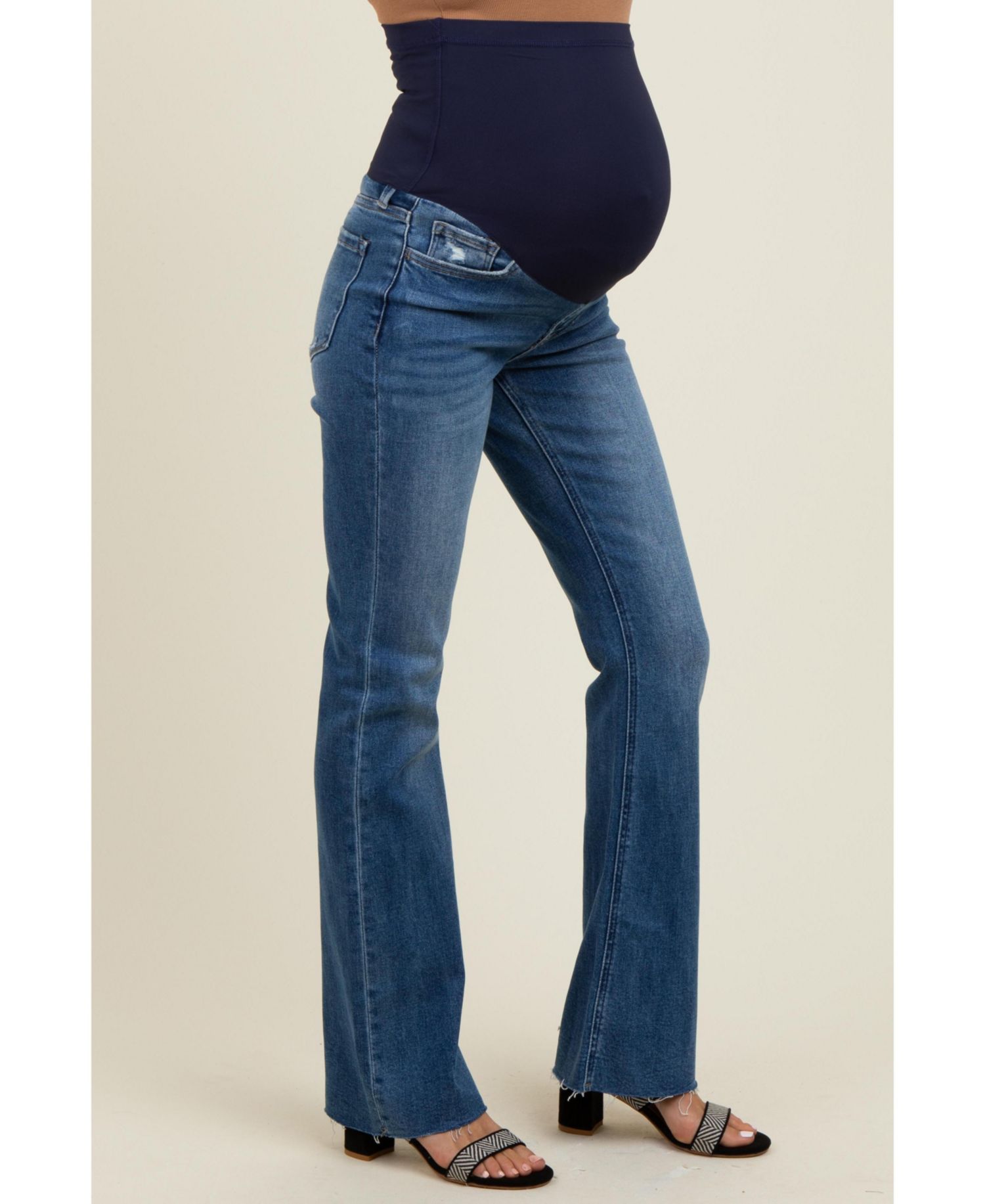 Women's Navy Blue Distressed Raw Hem Bootcut Jeans