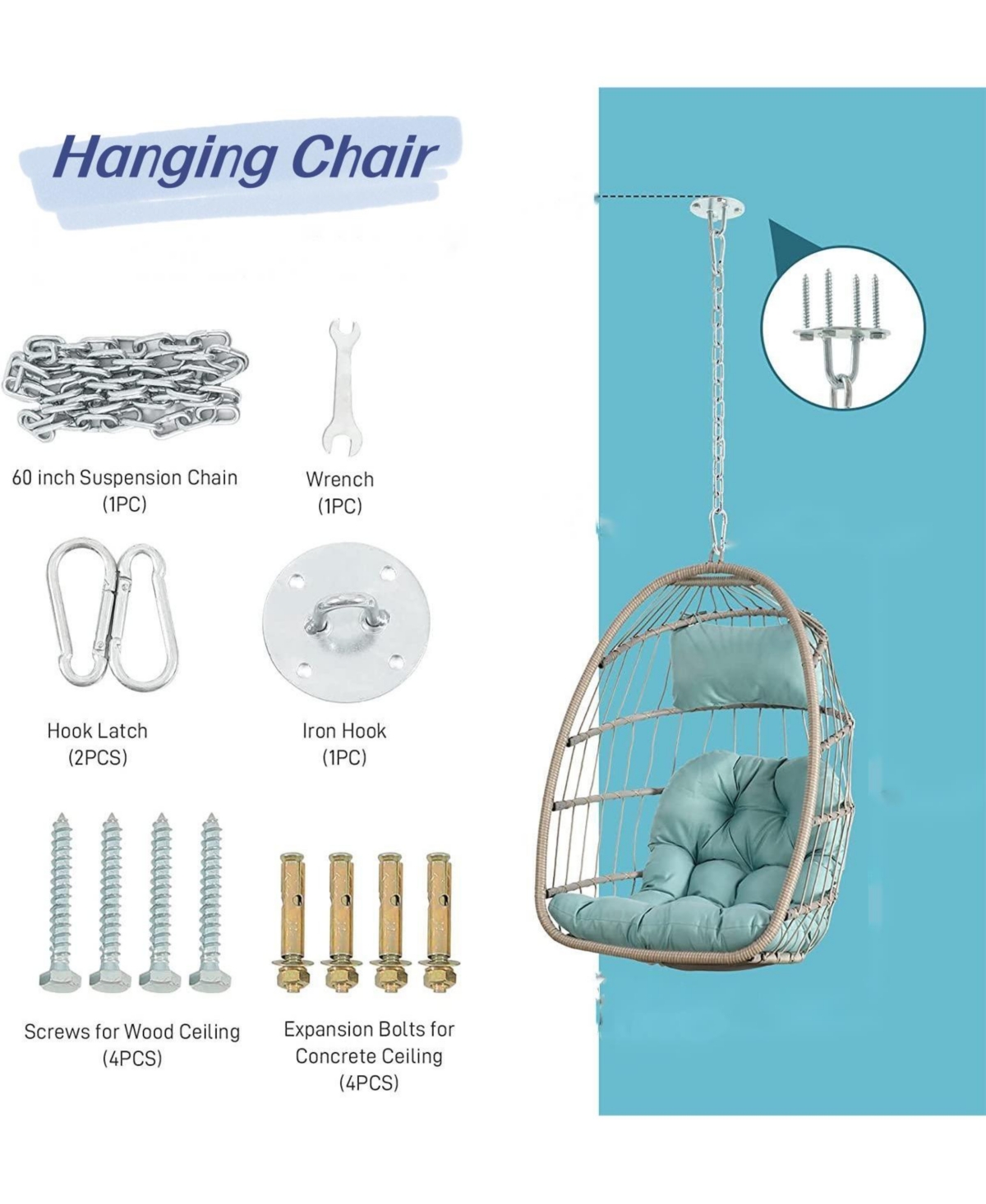 Flynama 55 Inch Outdoor Rattan Egg Swing Chair with Stand and Beige Cushion