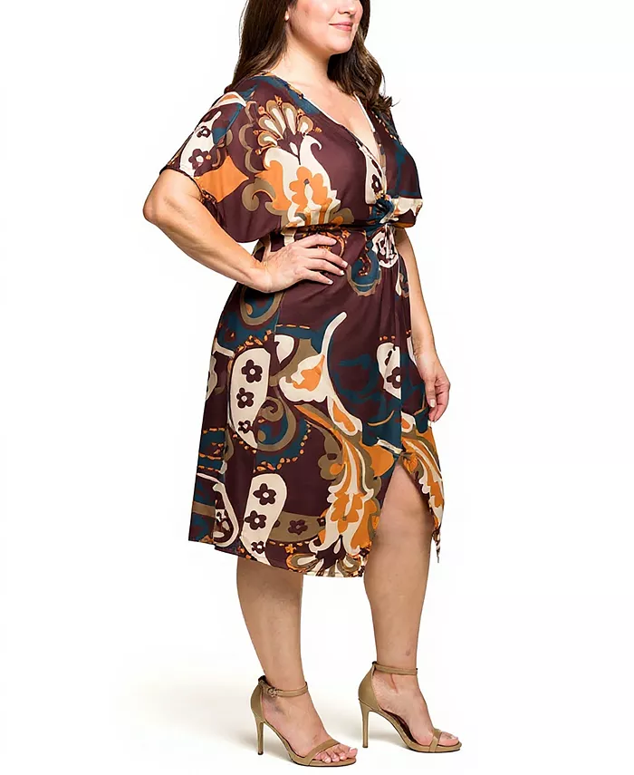 Plus Size Short Sleeve Knot Front Midi Dress - thumbnail 2