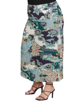 Plus Size Green Paisley Print Midi Skirts