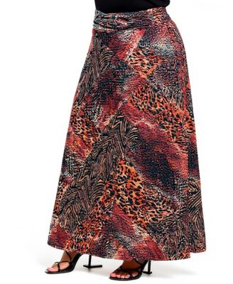 Plus Size Brown Animal Patchwork Print Maxi Skirts