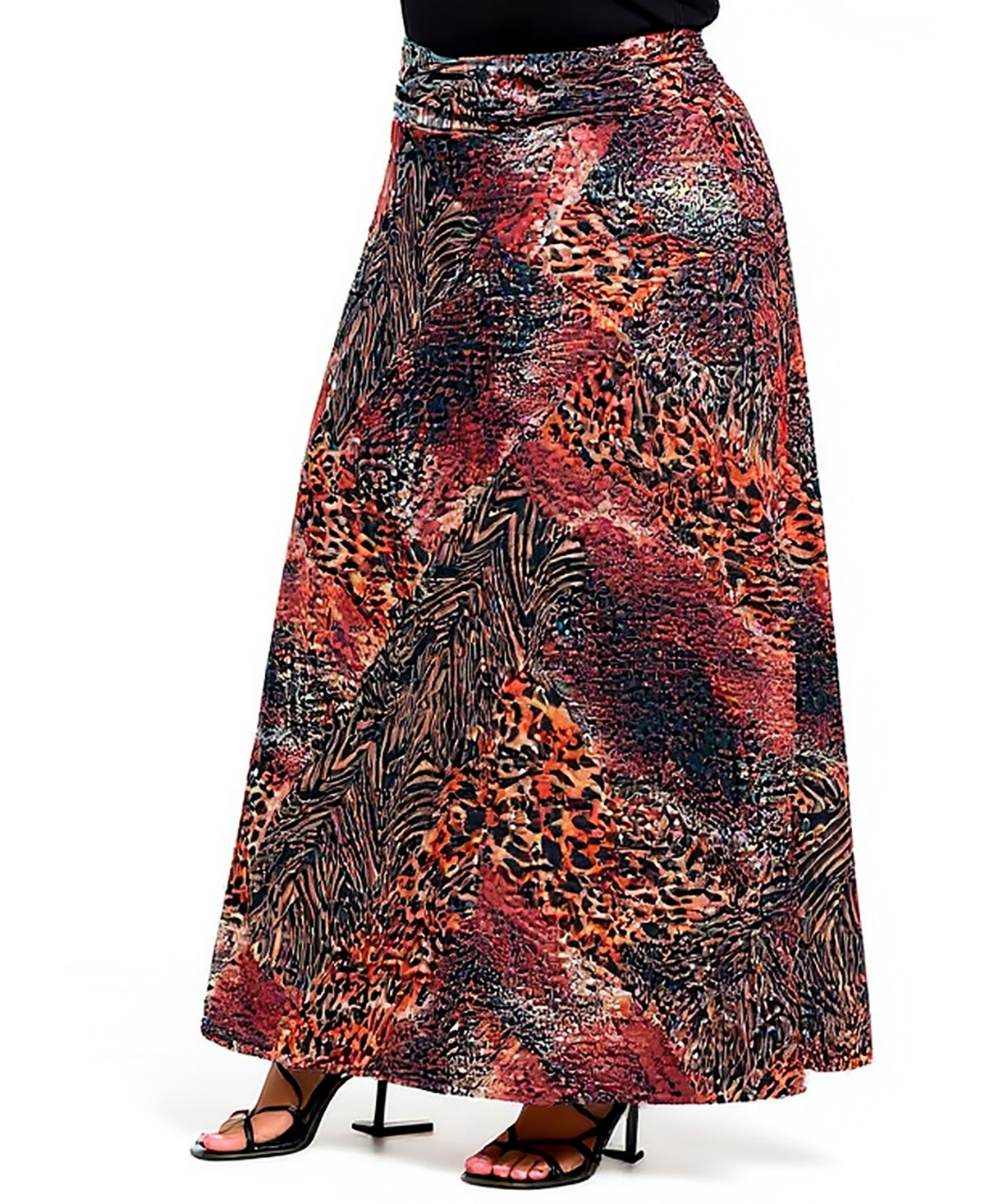 24seven Comfort Apparel Women's Brown Animal Patchwork Print Maxi Skirt In Multi