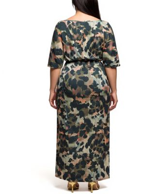 Plus Size Green Abstract Print Batwing Sleeve Maxi Dress