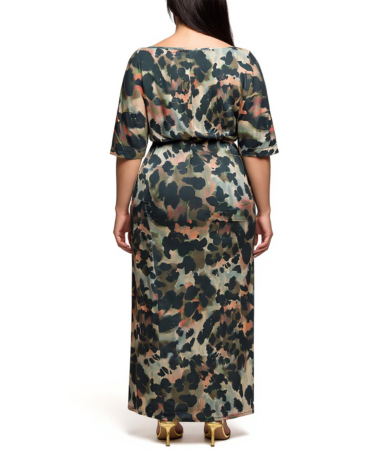 24seven Comfort Apparel Plus Size Green Abstract Print Batwing Sleeve Maxi Dress In Multi