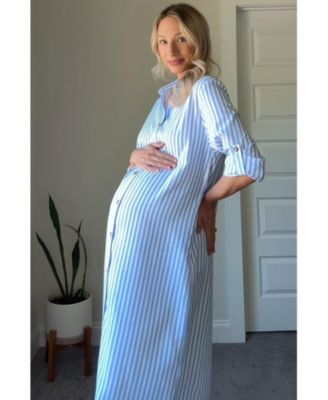 Maternity Light Blue Striped Button Down Maxi Dress