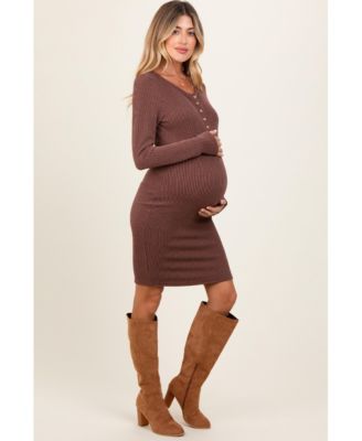 Maternity Brown Ribbed Long Sleeve Half Button Up Fitted Dress