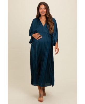 Maternity Forest Green Satin Pleated V-Neck Maxi Dress