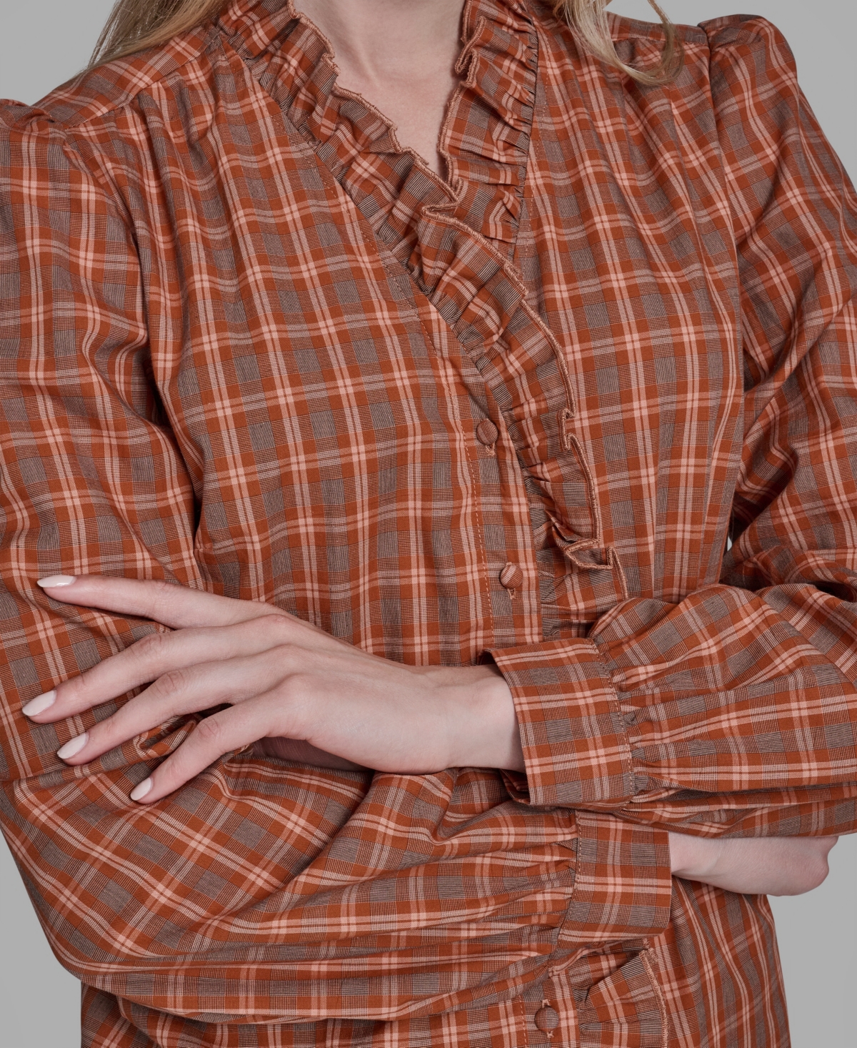 Bcbg Women's Plaid Button Placket V-neck Top In Brown