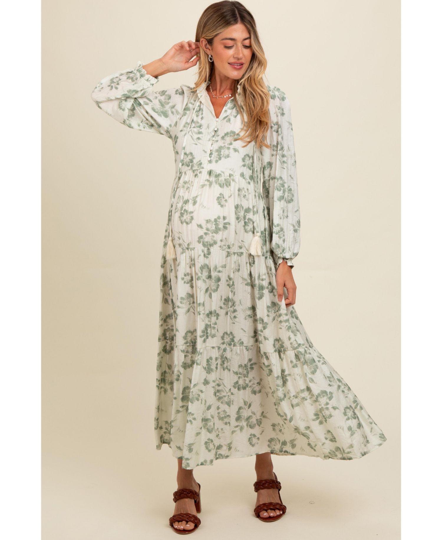 Women's Black Floral Button Front Tiered Long Sleeve Maxi Dress