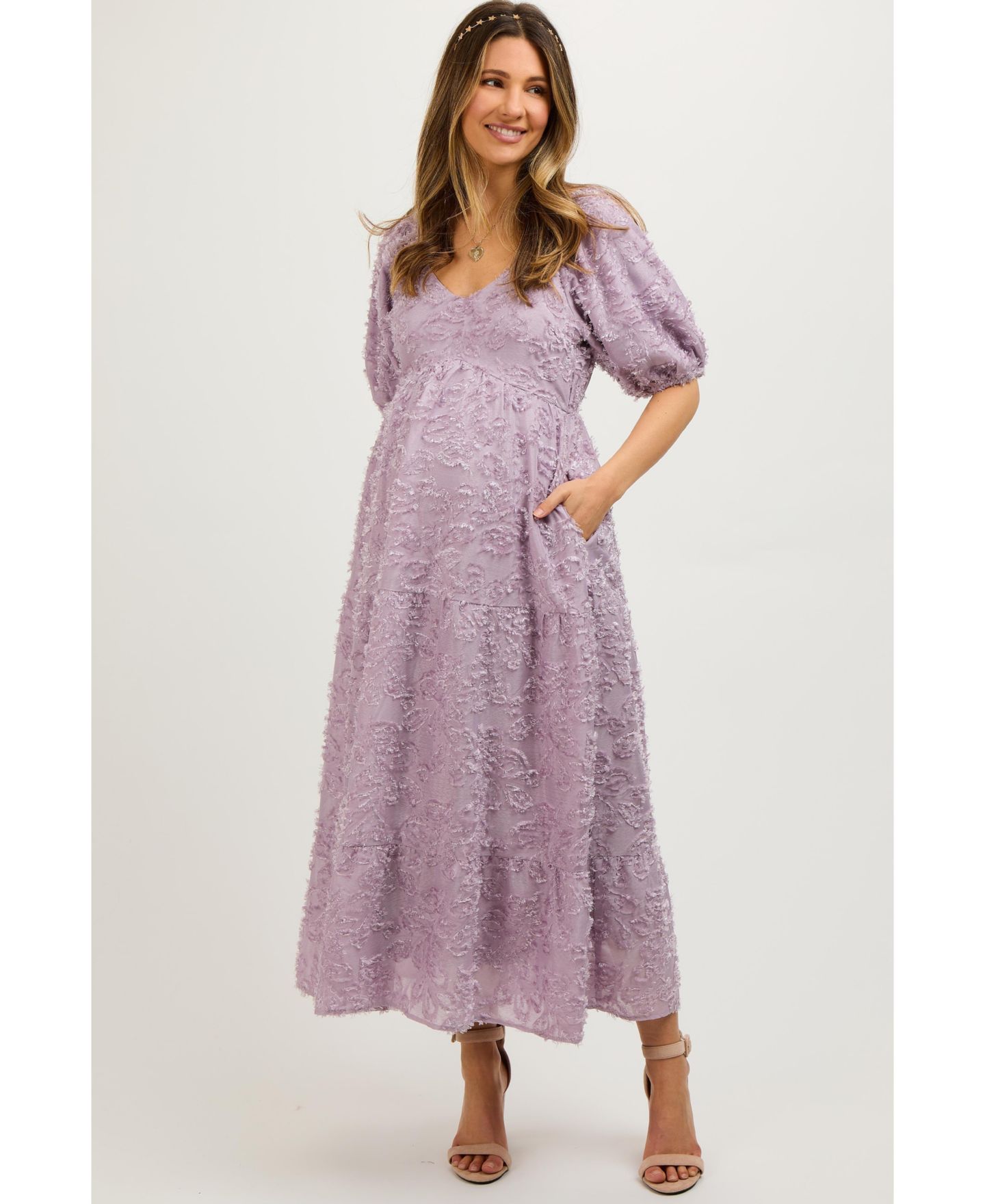 Женское платье Pinkblush Lavender Fringe Textured Short Puff Sleeve Midi, цвет: Лавандовый — фото 1