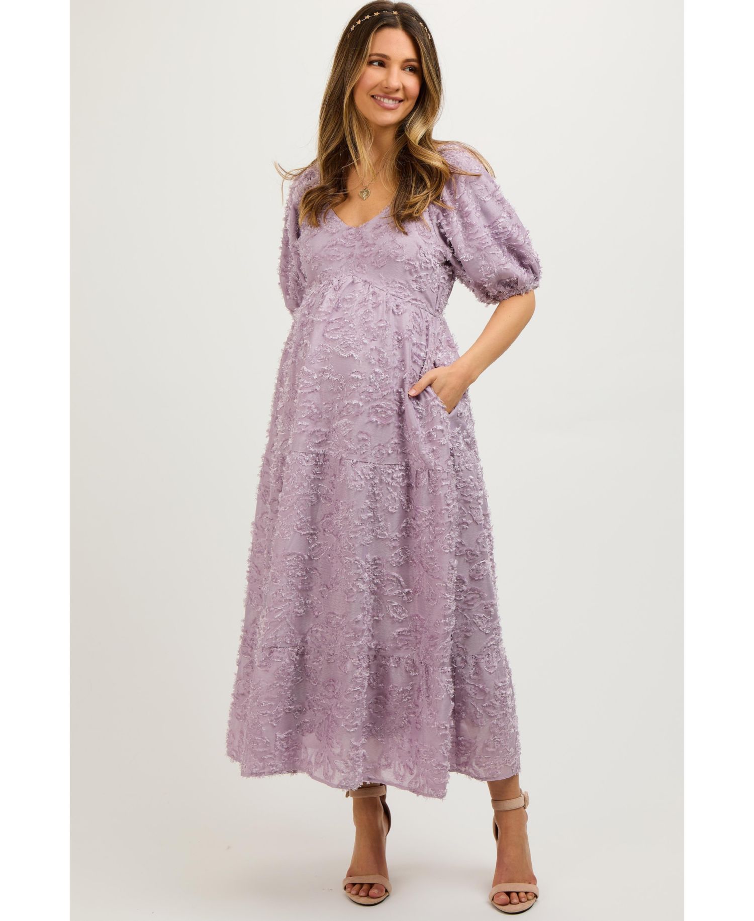 Women's Lavender Fringe Textured Short Puff Sleeve Midi Dress