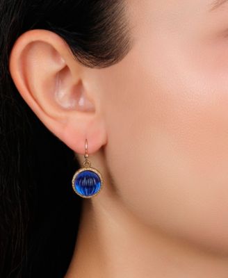 Round Blue Ribbed Stone Wire Earrings