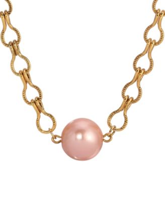 Gold Tone Peach Cultivated Pearl Bead Necklace