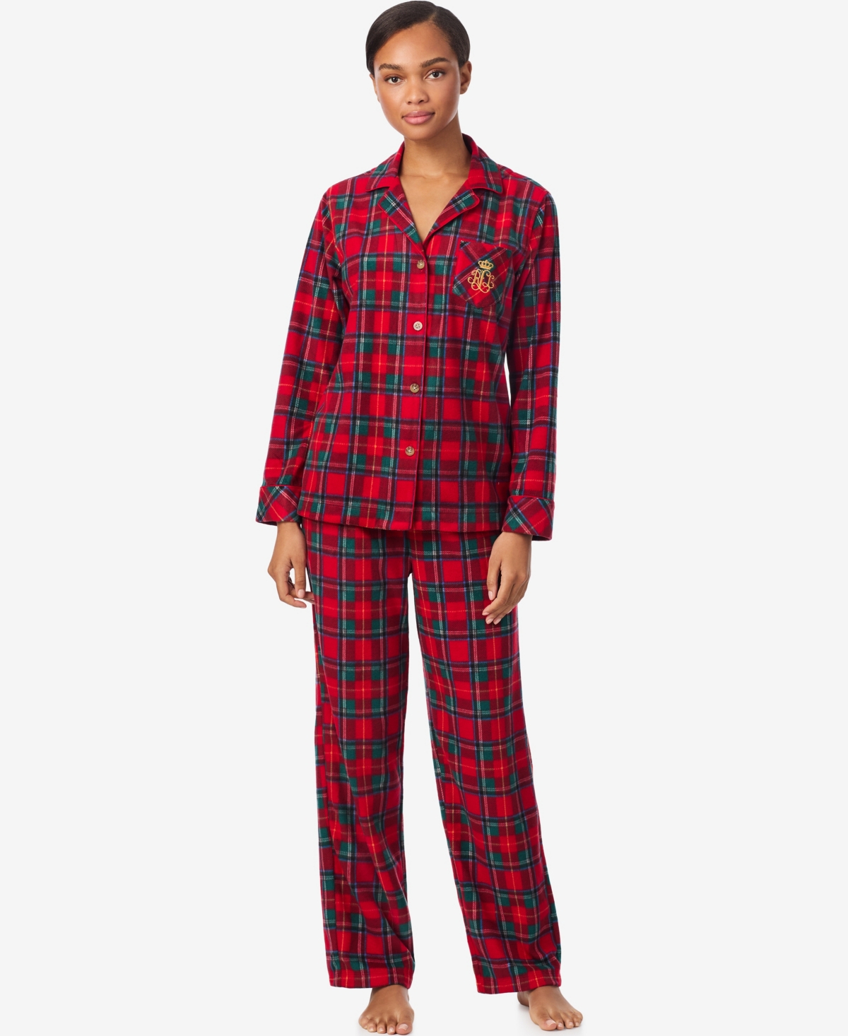Ralph Lauren Women's Long Sleeves Notch Collar Pajama Set In Red