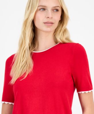 Women's Scallop-Trim Short Sleeve Crewneck Sweater