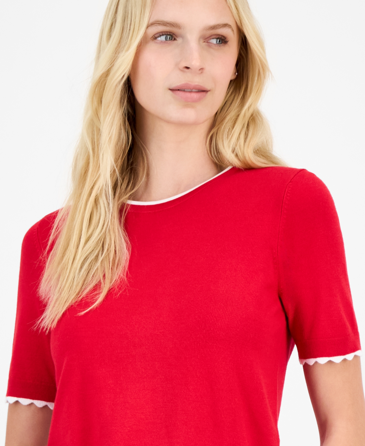 Nautica Jeans Women's Scallop-trim Short Sleeve Crewneck Sweater In Red
