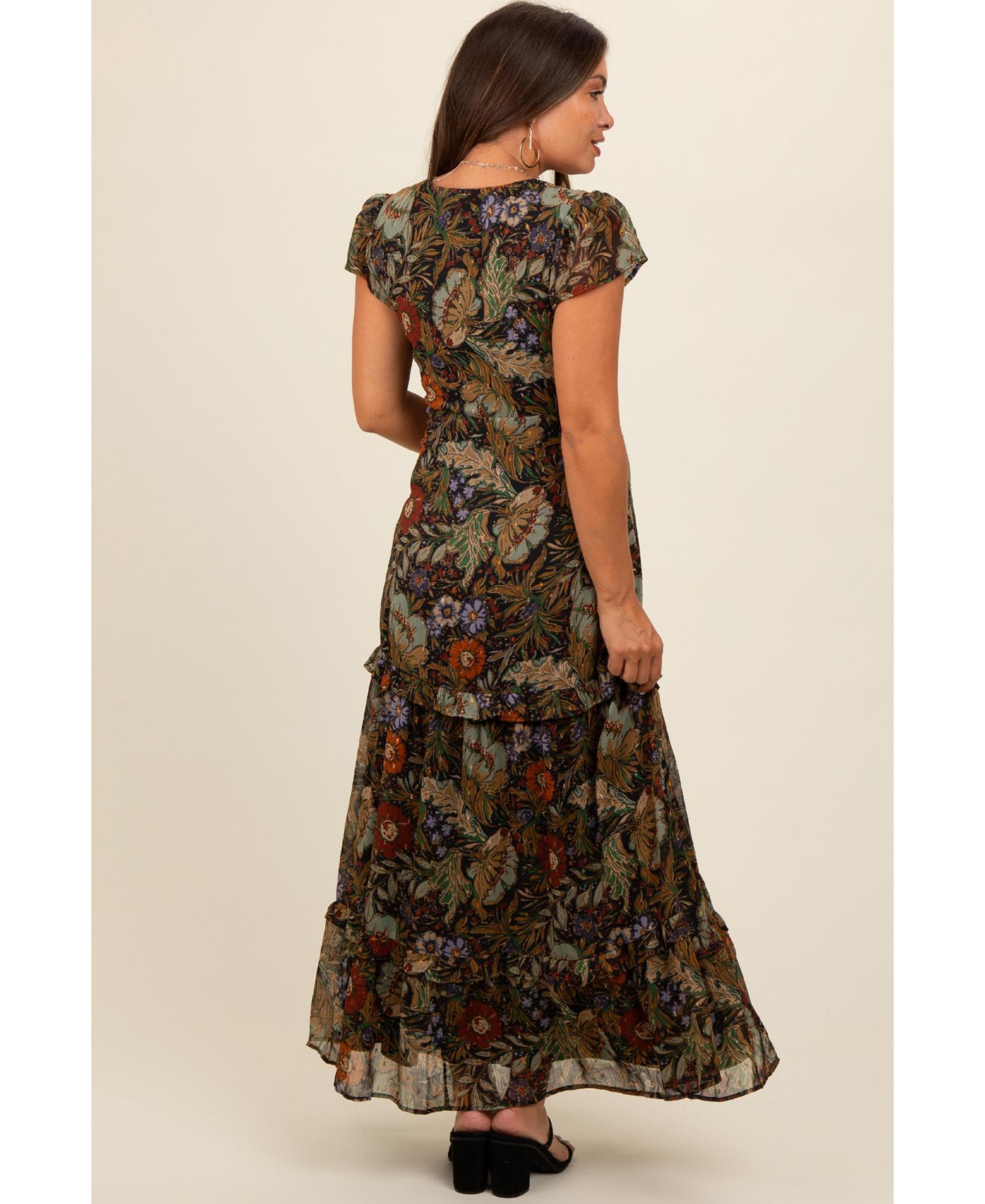 Women's Black Floral Deep V-Neck Tiered Maxi Dress