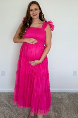 Maternity Smocked Mesh Ruffle Accent Midi Dress
