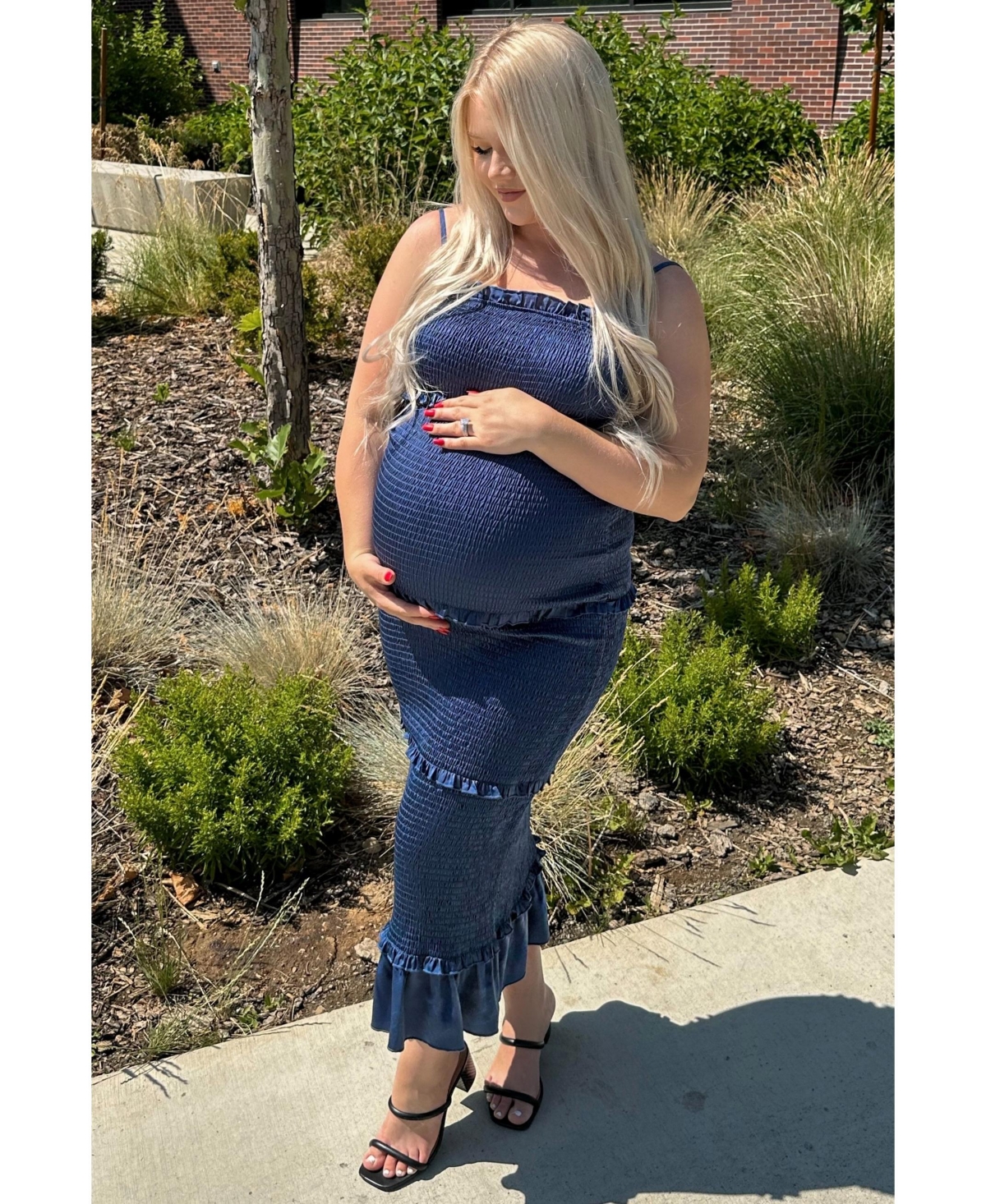 Pinkblush Olive Satin Smocked Fitted Maternity Maxi Dress