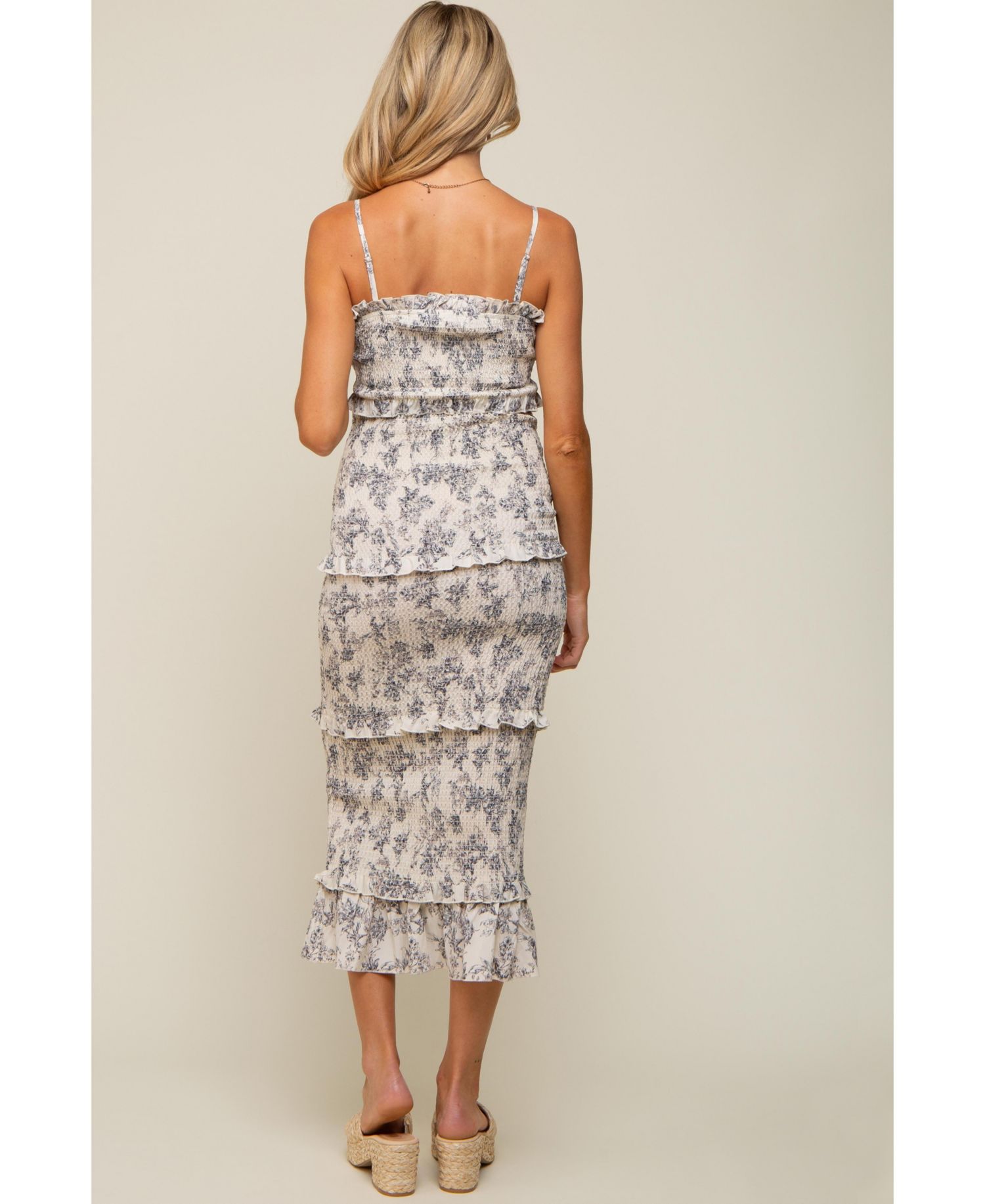 Women's Cream Floral Smocked Fitted Midi Dress