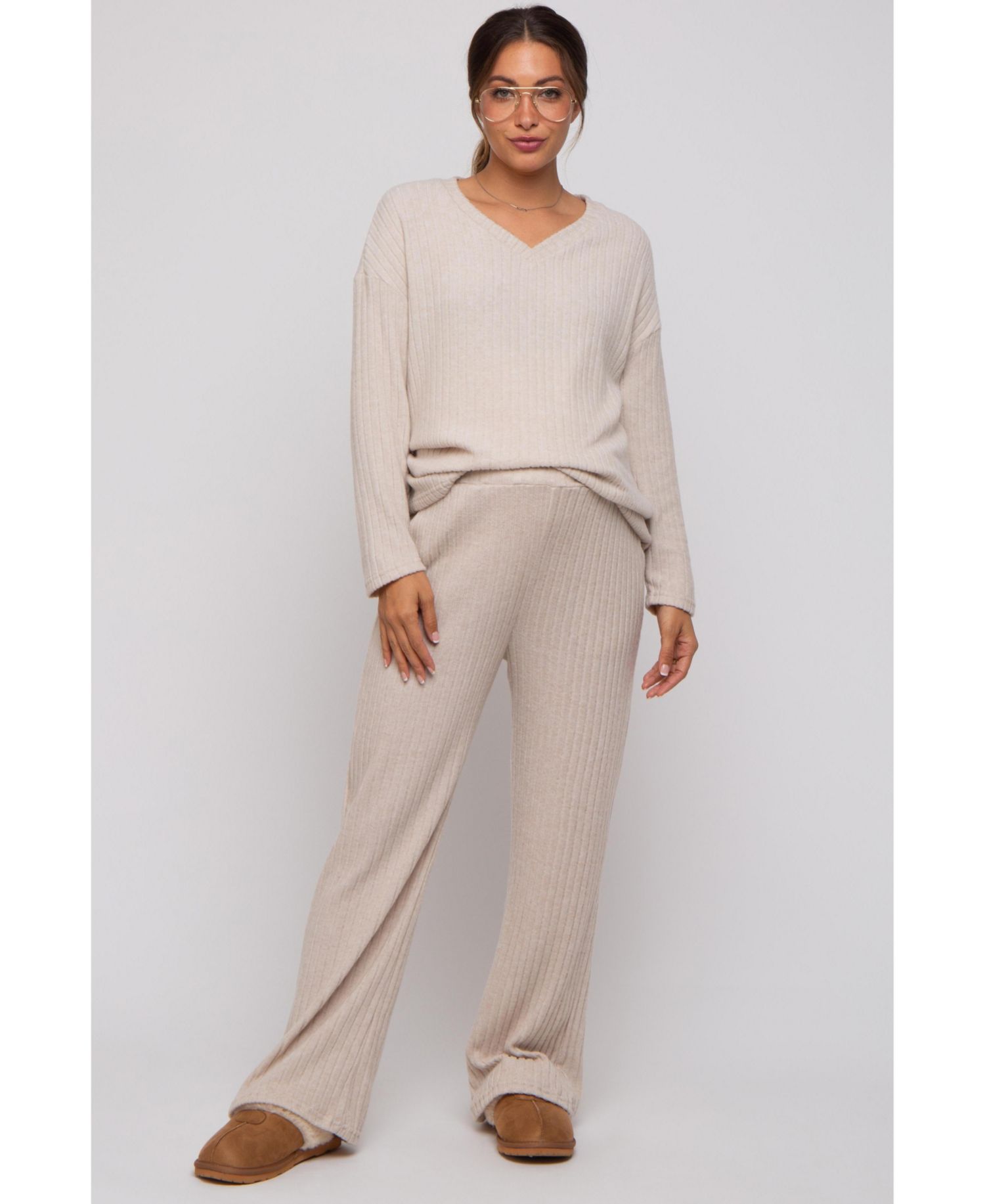 Women's Light Blue Ribbed Soft Knit Long Sleeve Pajama Set