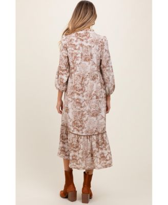 Maternity Brown Printed Split Ruffle Collar Midi Dress