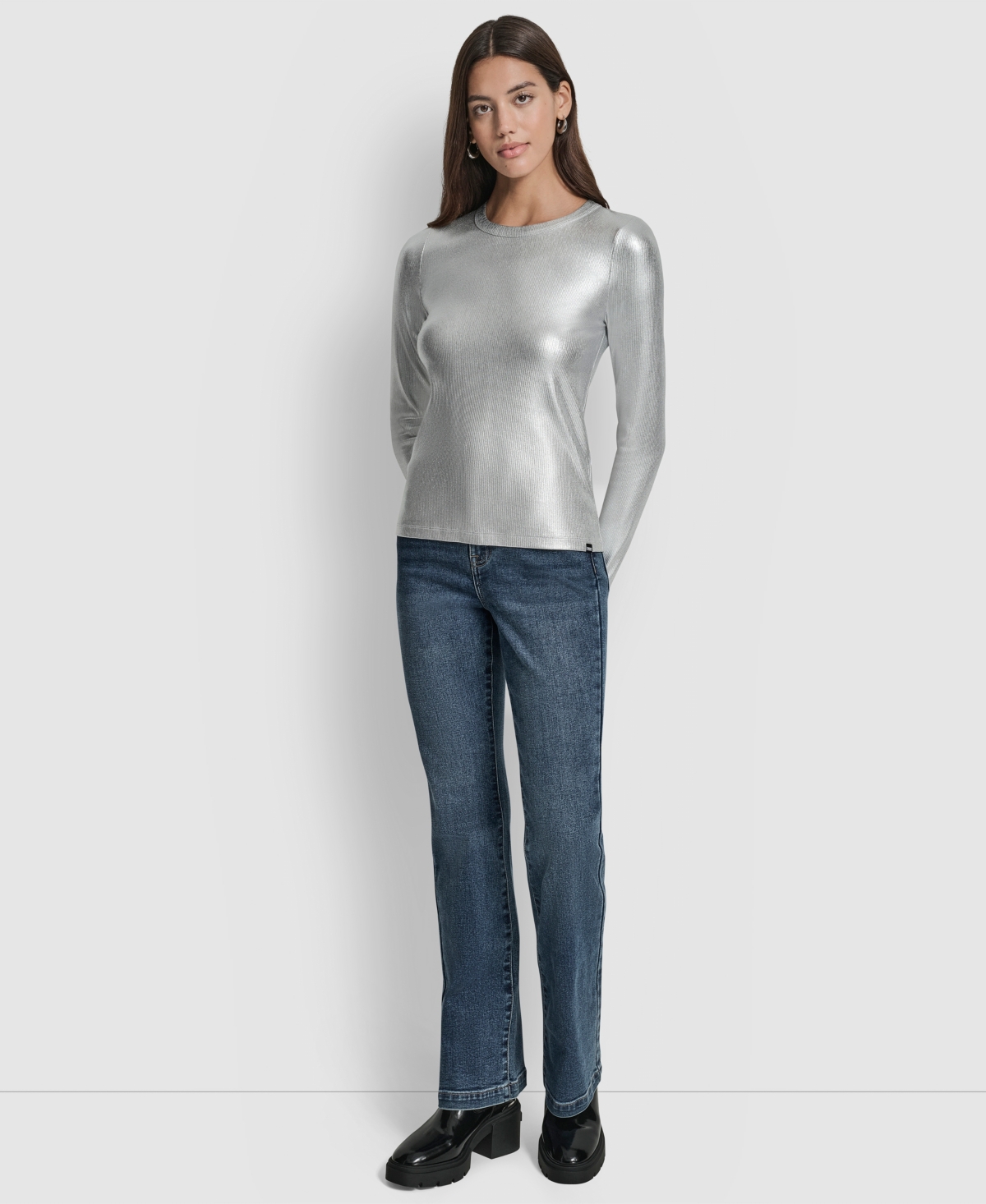 Dkny Jeans Women's Foil Rib Crewneck Long Sleeves Top