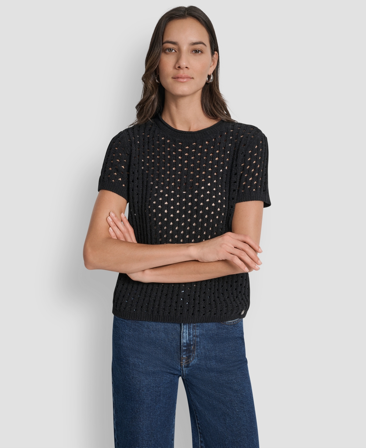 Dkny Jeans Women's Open Stitch Crewneck Short-Sleeve Sweater
