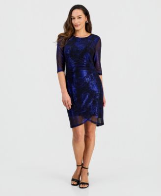 Petite Sparkle Mesh 3/4-Sleeve Sheath Dress