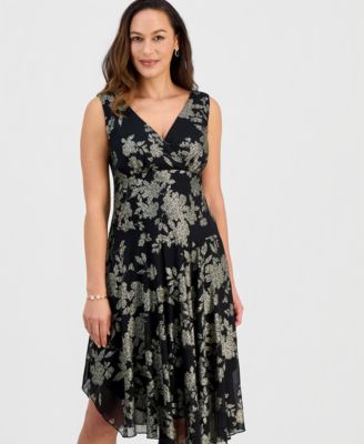 Petite Metallic Floral Print Asymmetric Midi Dress