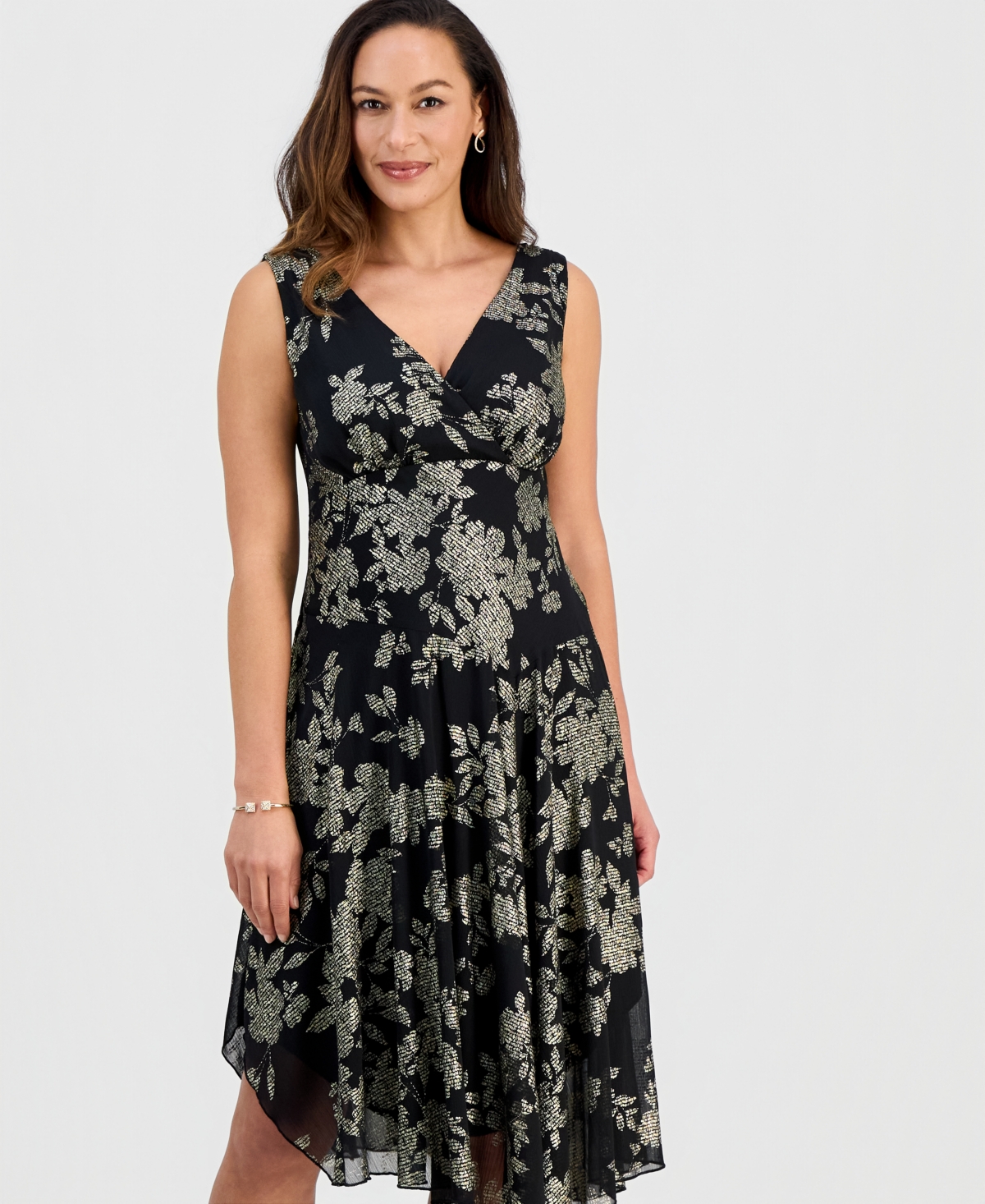 Connected Petite Metallic Floral Print Asymmetric Midi Dress