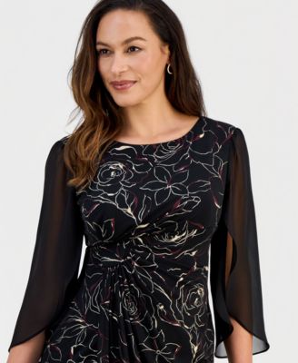 Petite Sheer-Sleeve Printed Sheath Dress